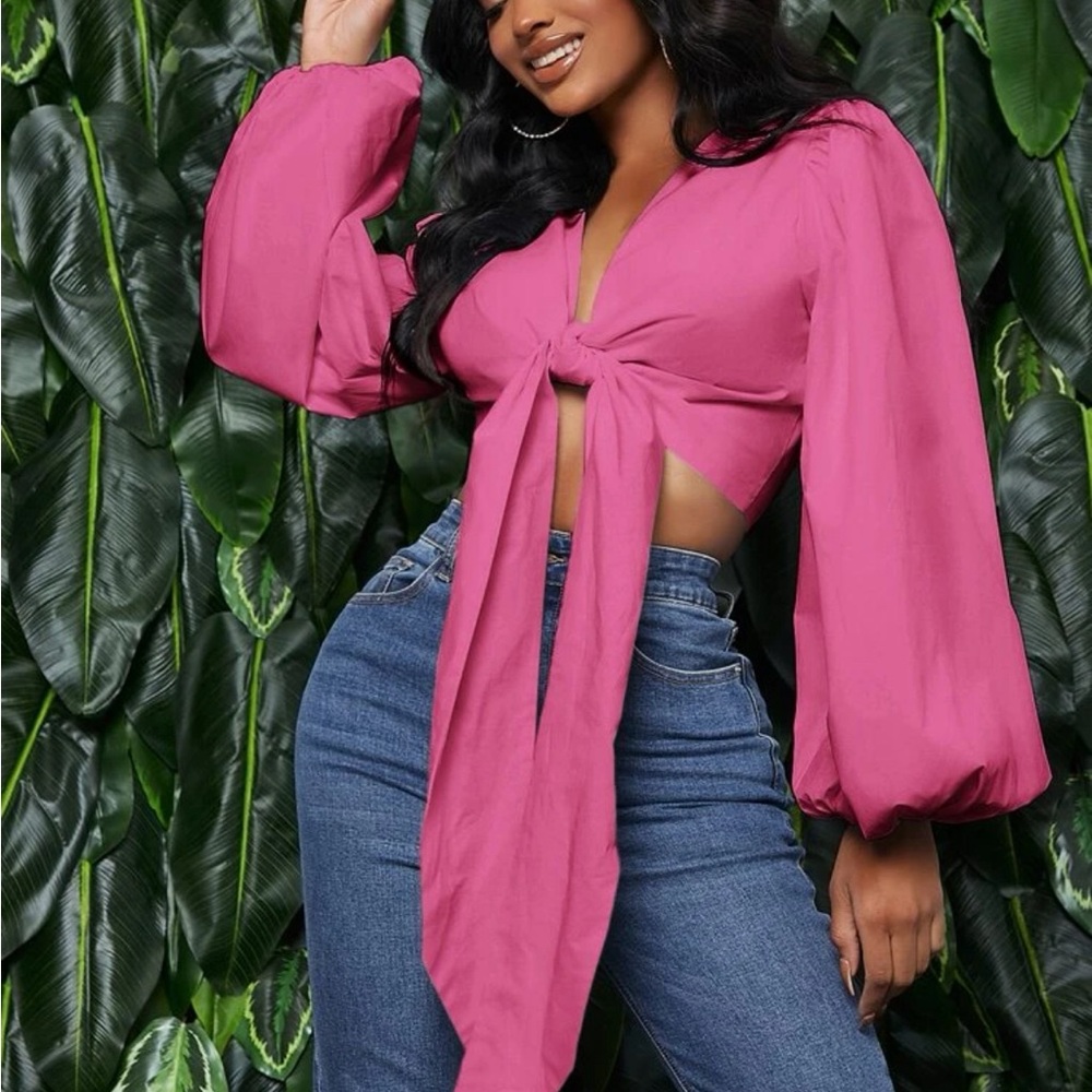 SHEIN SXY Solid Tie Front Bishop Sleeve Top